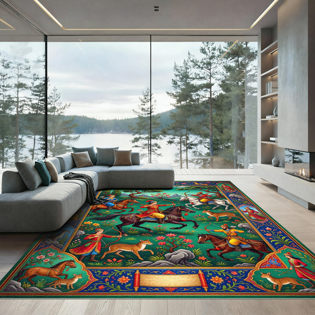 Riding Archers Hunting Scene Emerald Rug