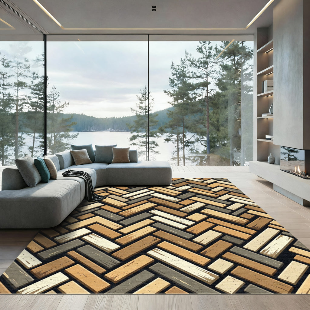 Neutral Herringbone Wood Block Textured Rug
