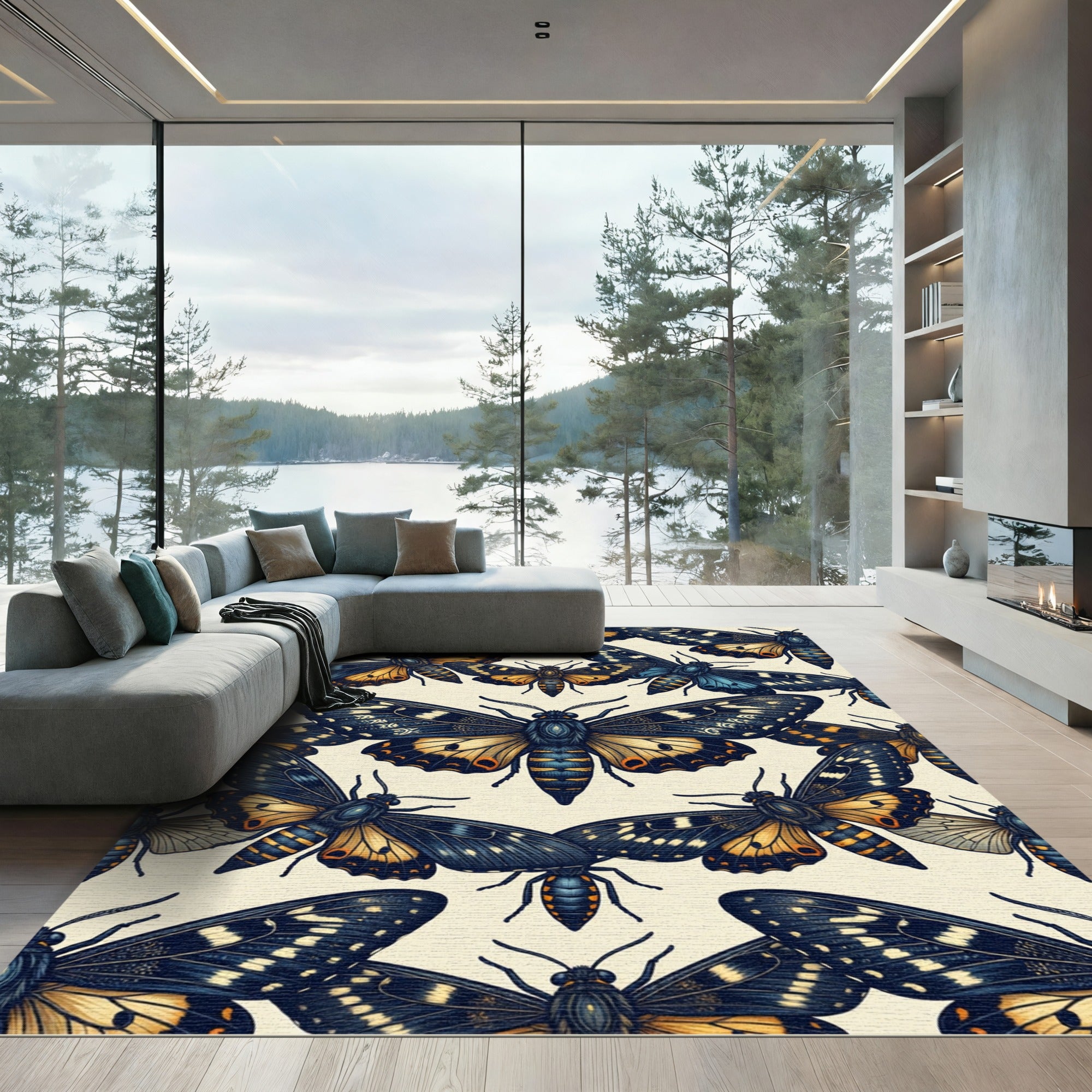 Dark Celestial Gold Butterfly Ink Illustration Rug