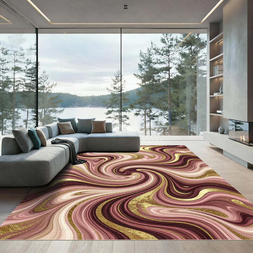 Burgundy and Gold Marble Swirl Rug