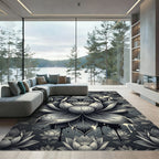 Monochrome Zen Lotus Blossom Floral Rug