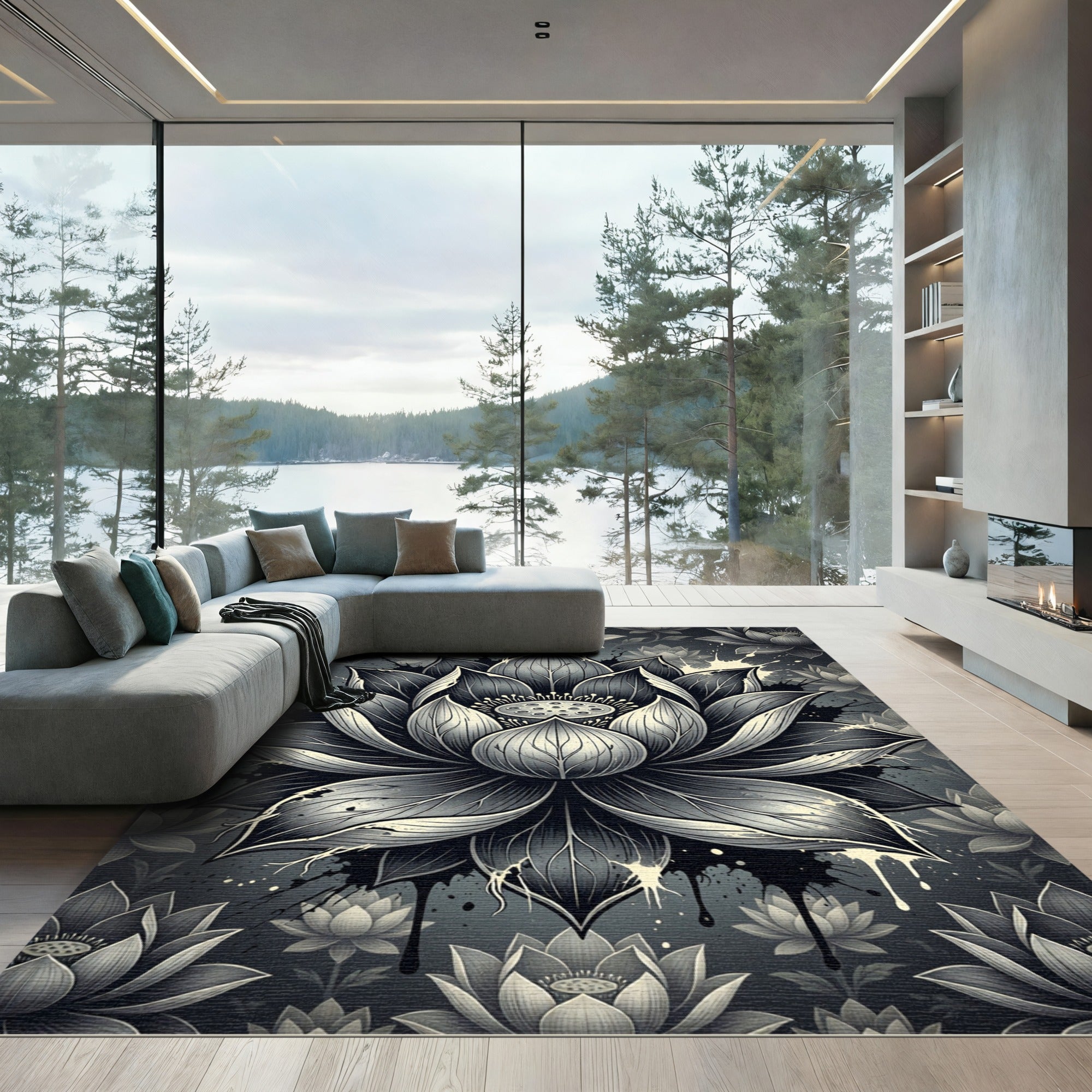 Monochrome Zen Lotus Blossom Floral Rug
