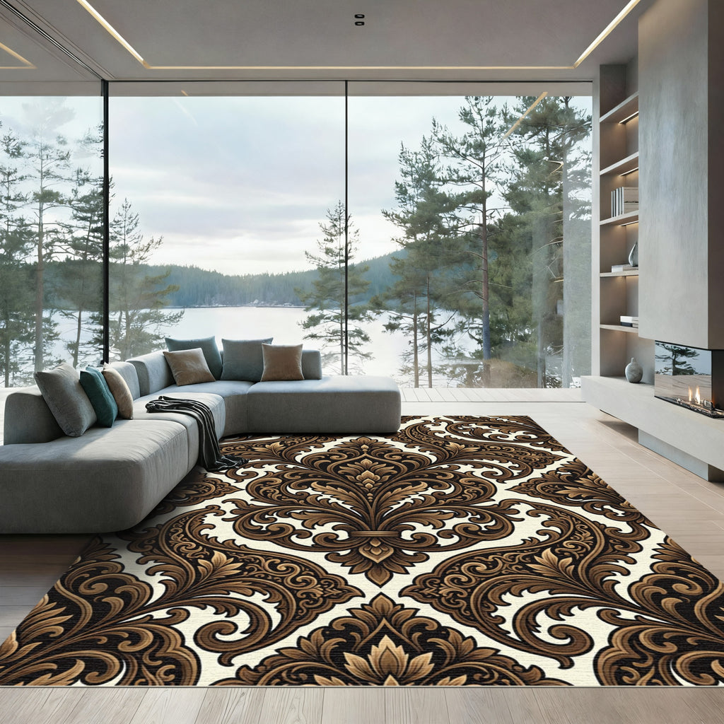 Rich Brown Baroque Floral Scroll Rug