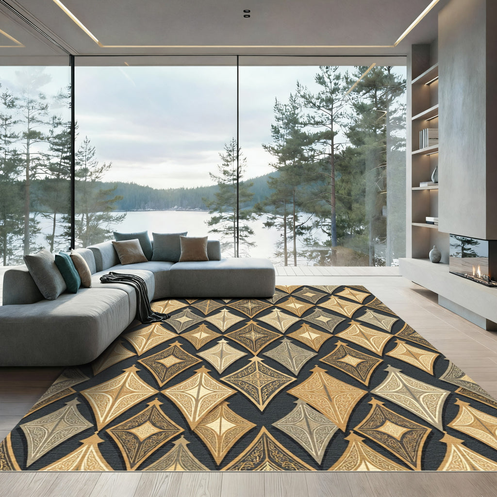 Elegant Golden Geometric Diamond Lattice Rug