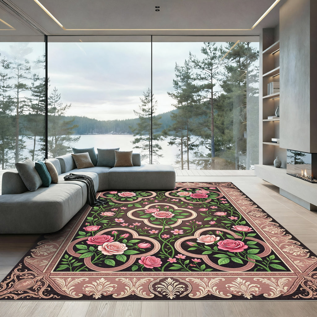Elegant Rose Garden Framed Floral Tapestry Rug