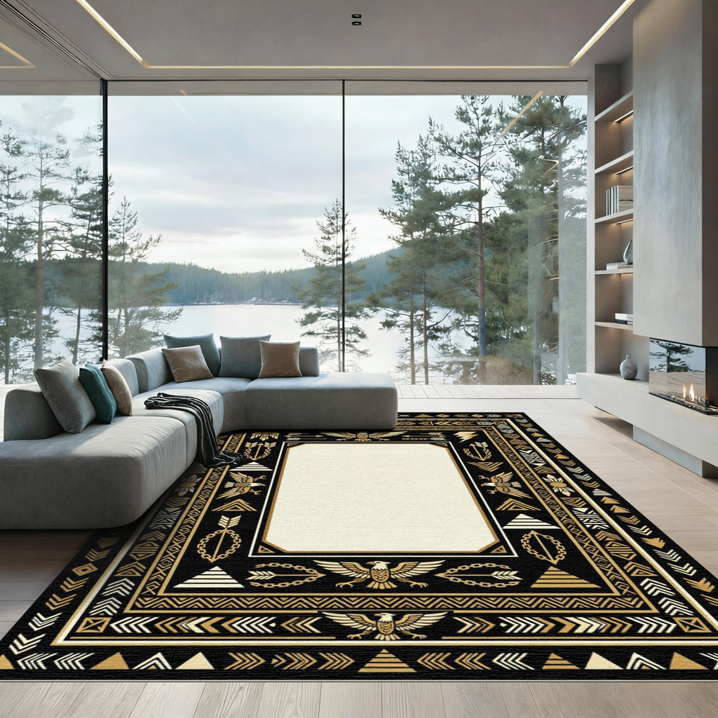 Black Gold Eagle Tribal Border Rug