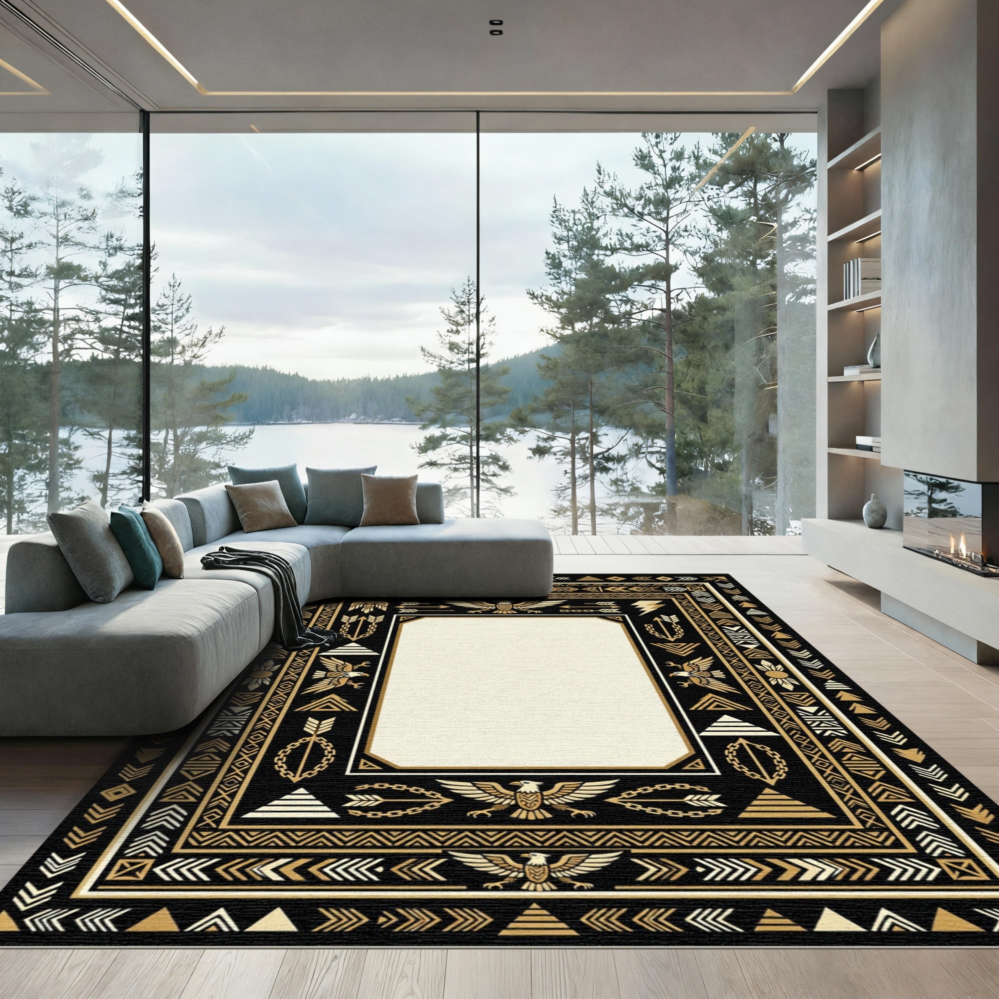 Black Gold Eagle Tribal Border Rug
