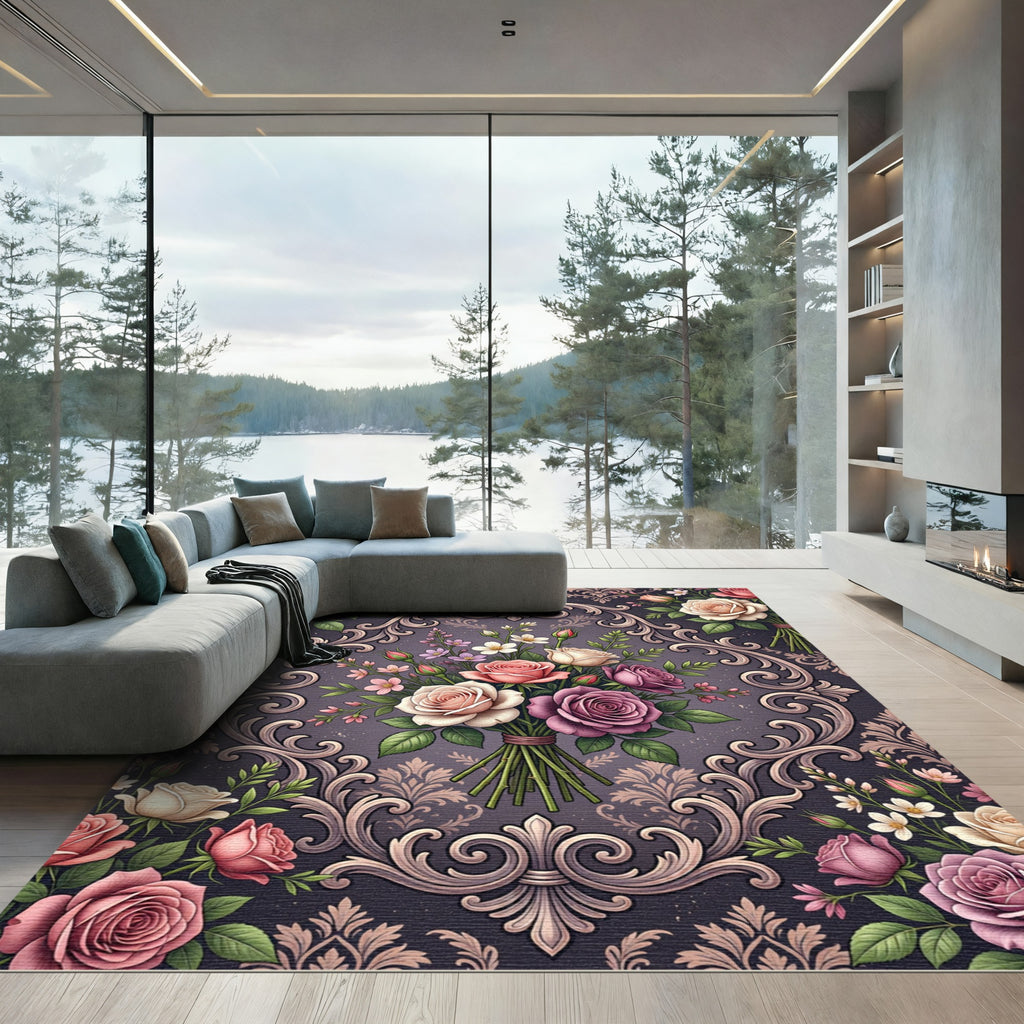 Ornate Victorian Rose Bouquet Damask Rug