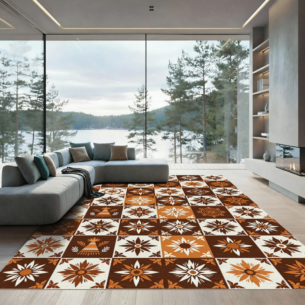 Terracotta Brown Floral Tiled Medallions Rug