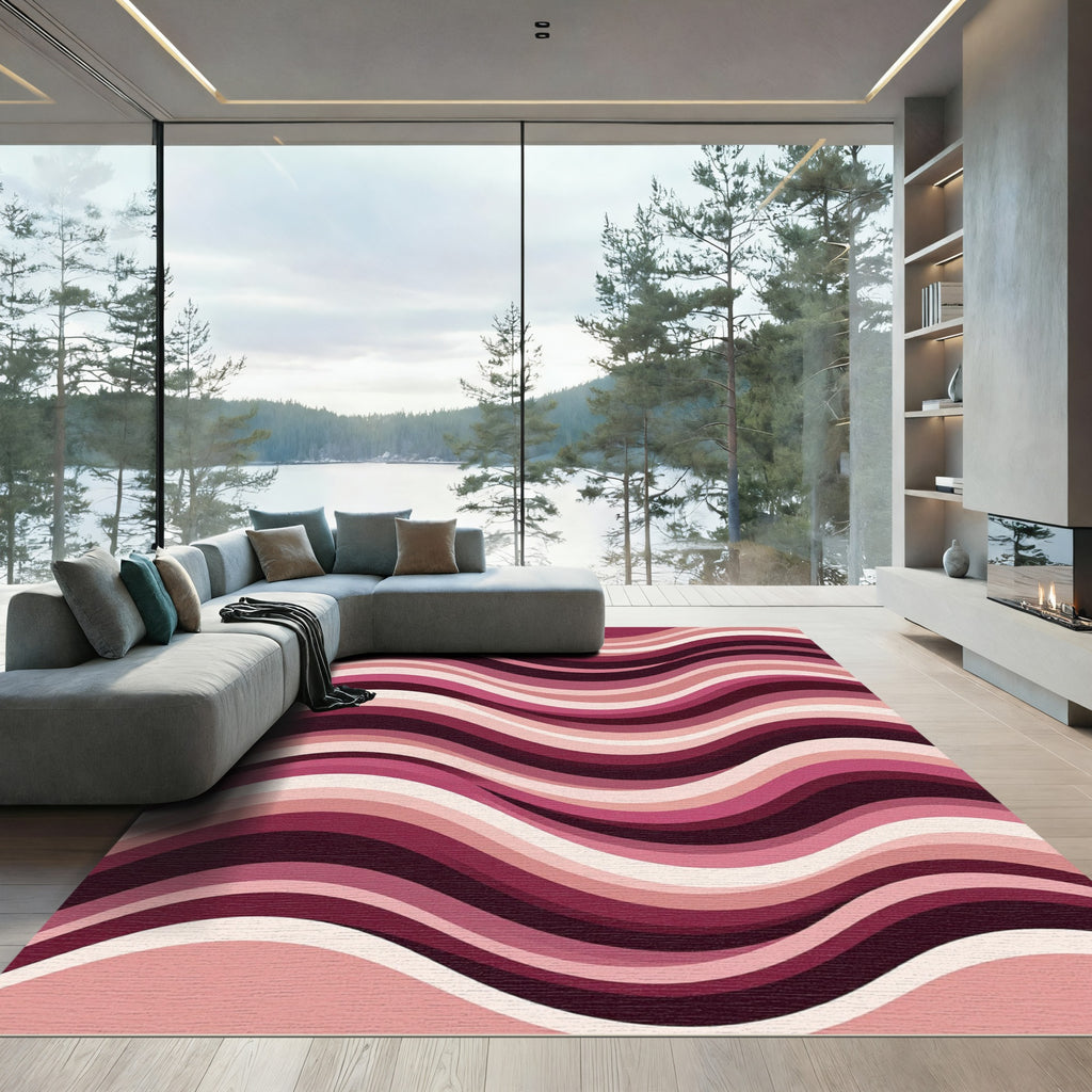 Modern Maroon Pink Wavy Stripe Rug