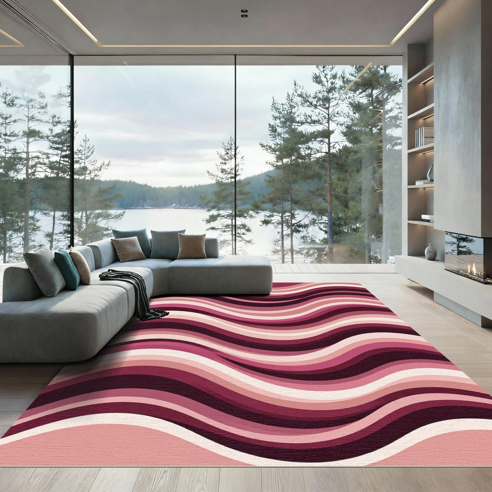 Modern Maroon Pink Wavy Stripe Rug