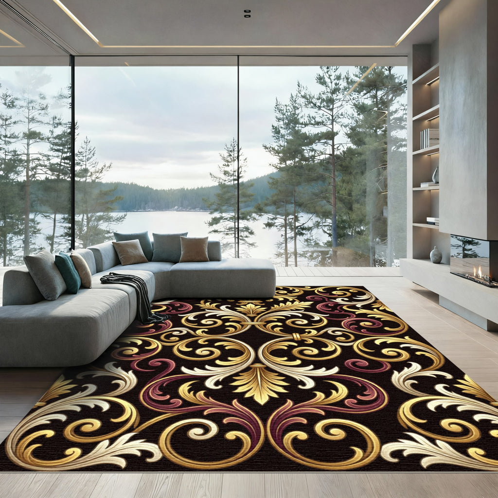 Elegant Gold and Merlot Acanthus Scroll Rug