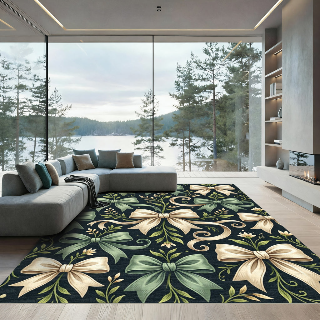 Elegant Sage and Cream Ribbon Floral Rug