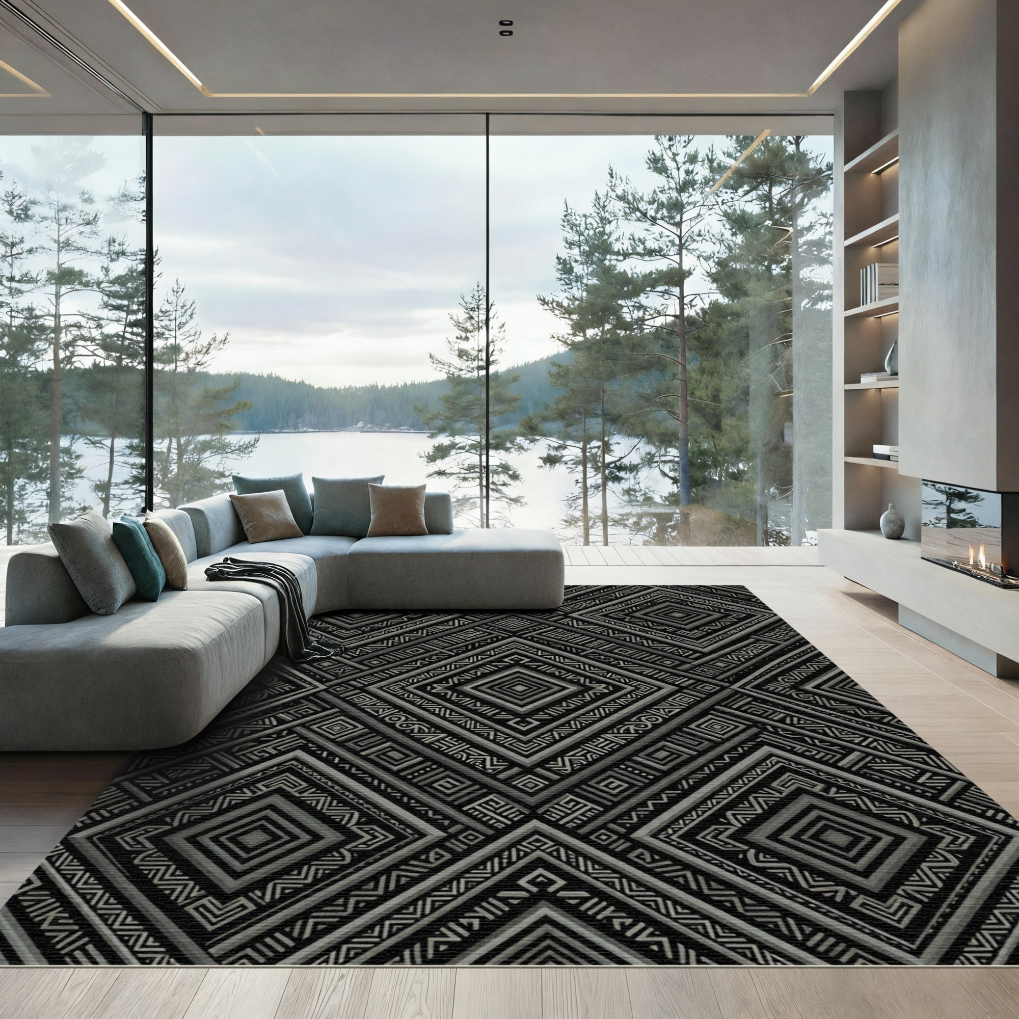 Black And Gray Geometric Diamond Rug