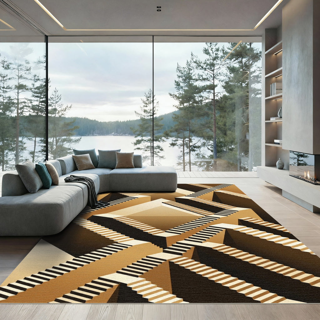 Golden Escher Inspired Staircase Illusion Rug