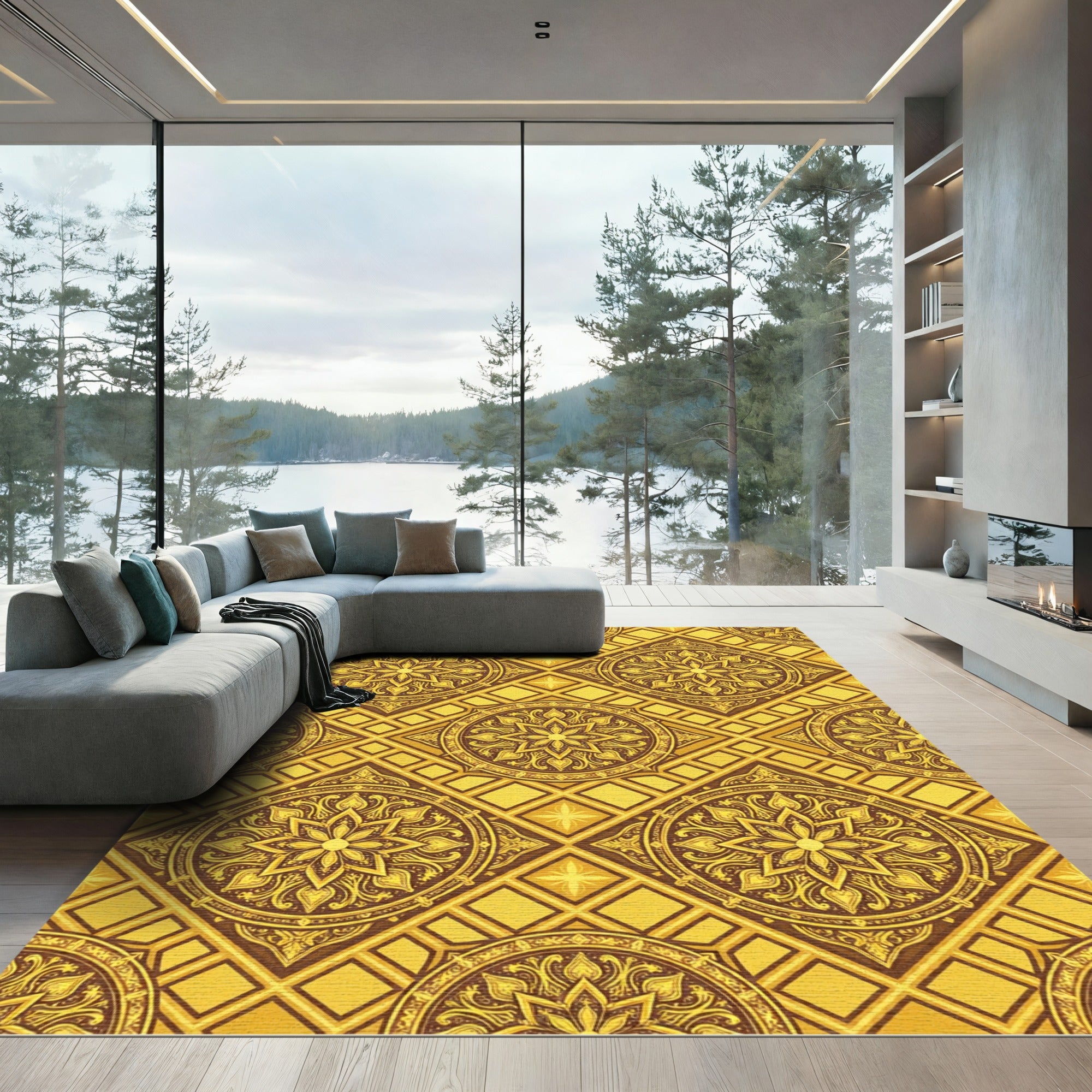 Gilded Ornate Floral Geometric Gold Medallion Rug