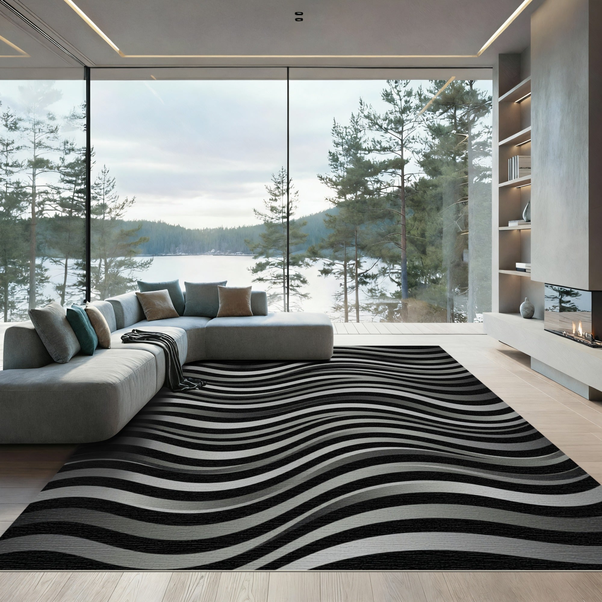 Monochromatic Gray Wavy Stripes Rug