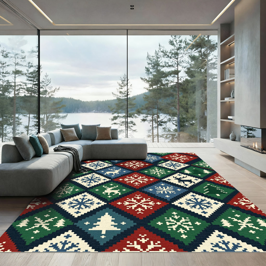 Festive Nordic Diamond Snowflake Reindeer Rug
