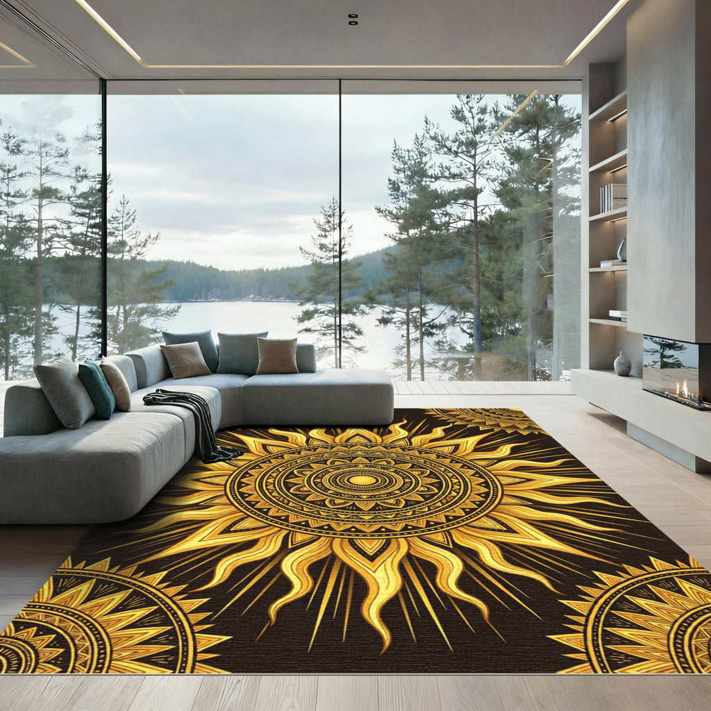 Ornate Golden Radiant Sun Mandala Rug