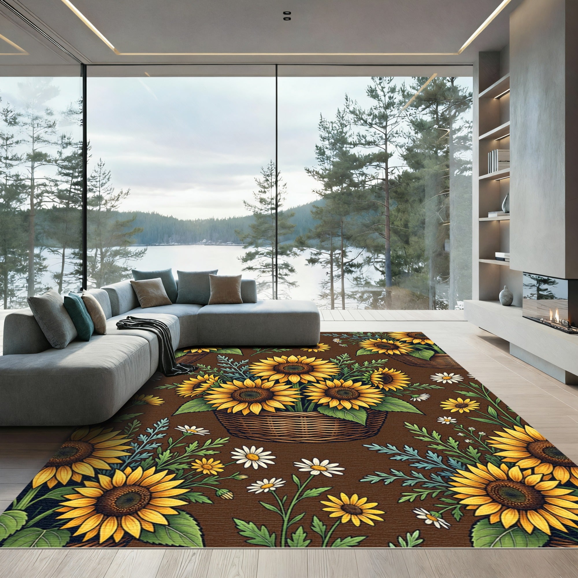 Yellow Sunflower Arrangement Mid-Century Rug