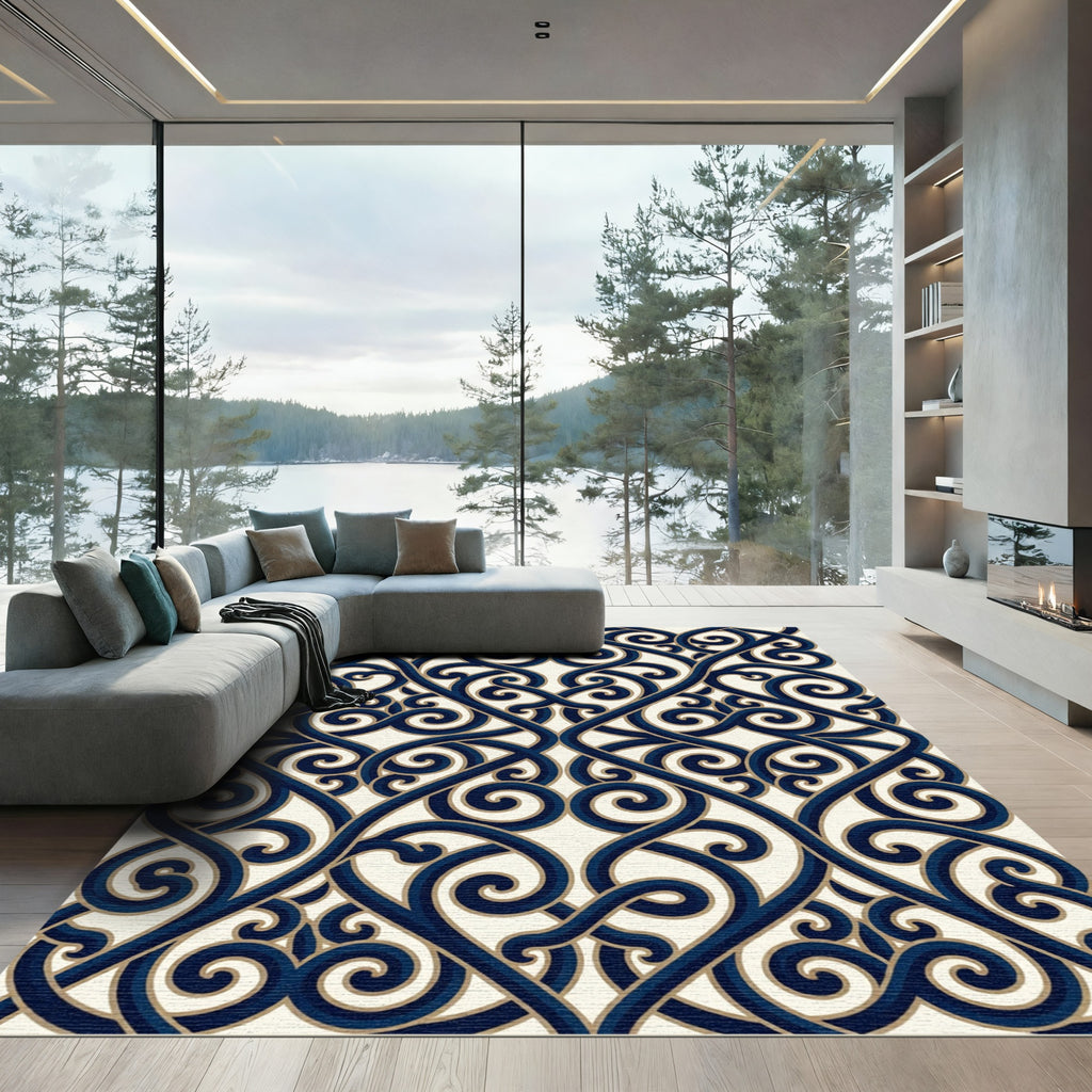 Navy Interwoven Scrollwork Damask Rug