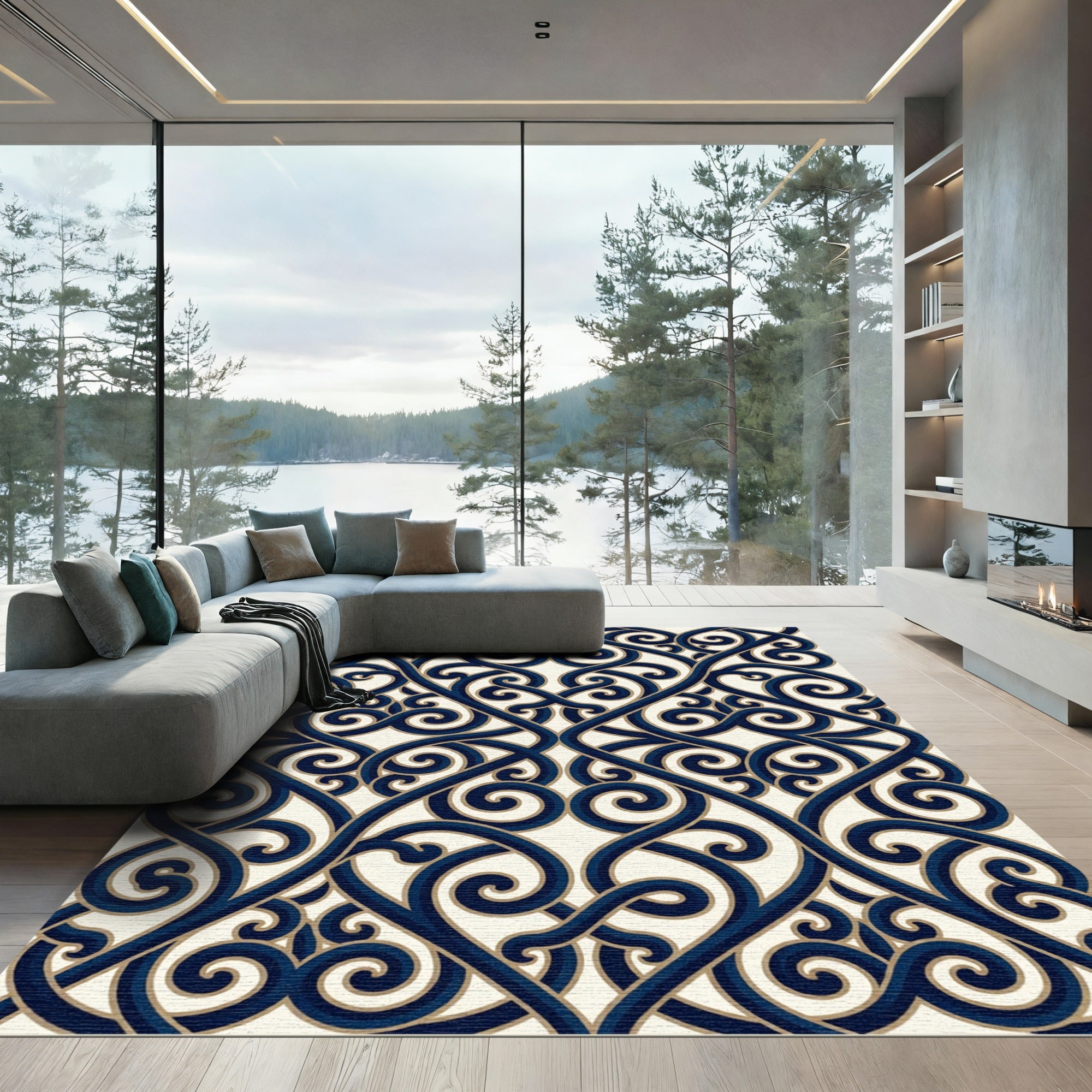 Navy Interwoven Scrollwork Damask Rug