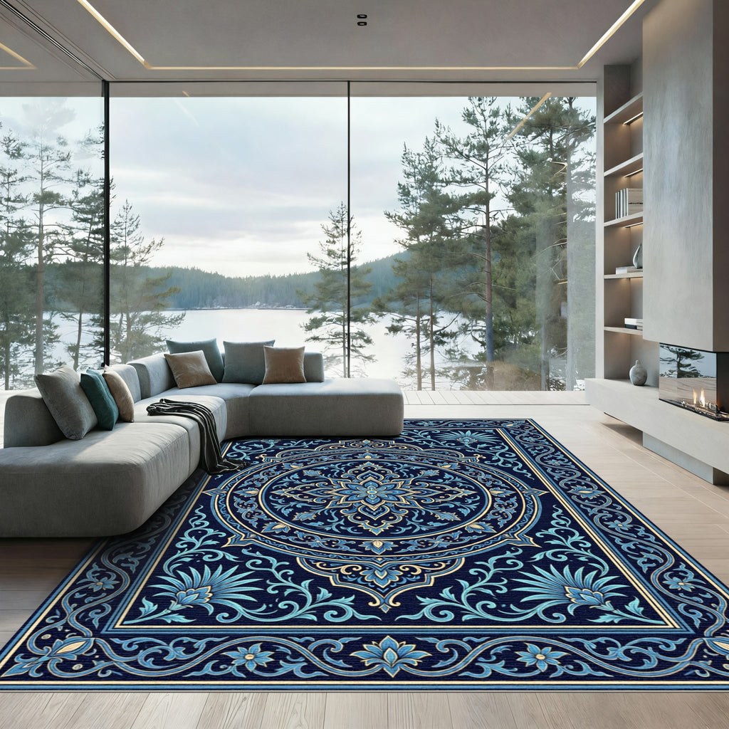 Deep Blue Floral Medallion Rectangle Rug