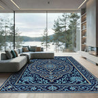 Deep Blue Floral Medallion Rectangle Rug