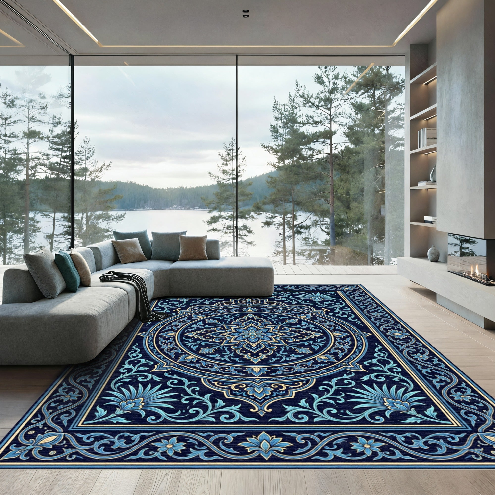 Deep Blue Floral Medallion Rectangle Rug