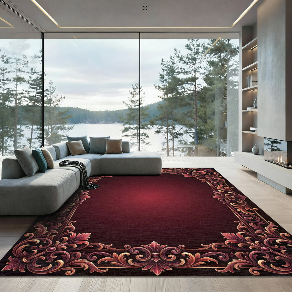 Ornate Crimson Gold Damask Scroll Rug