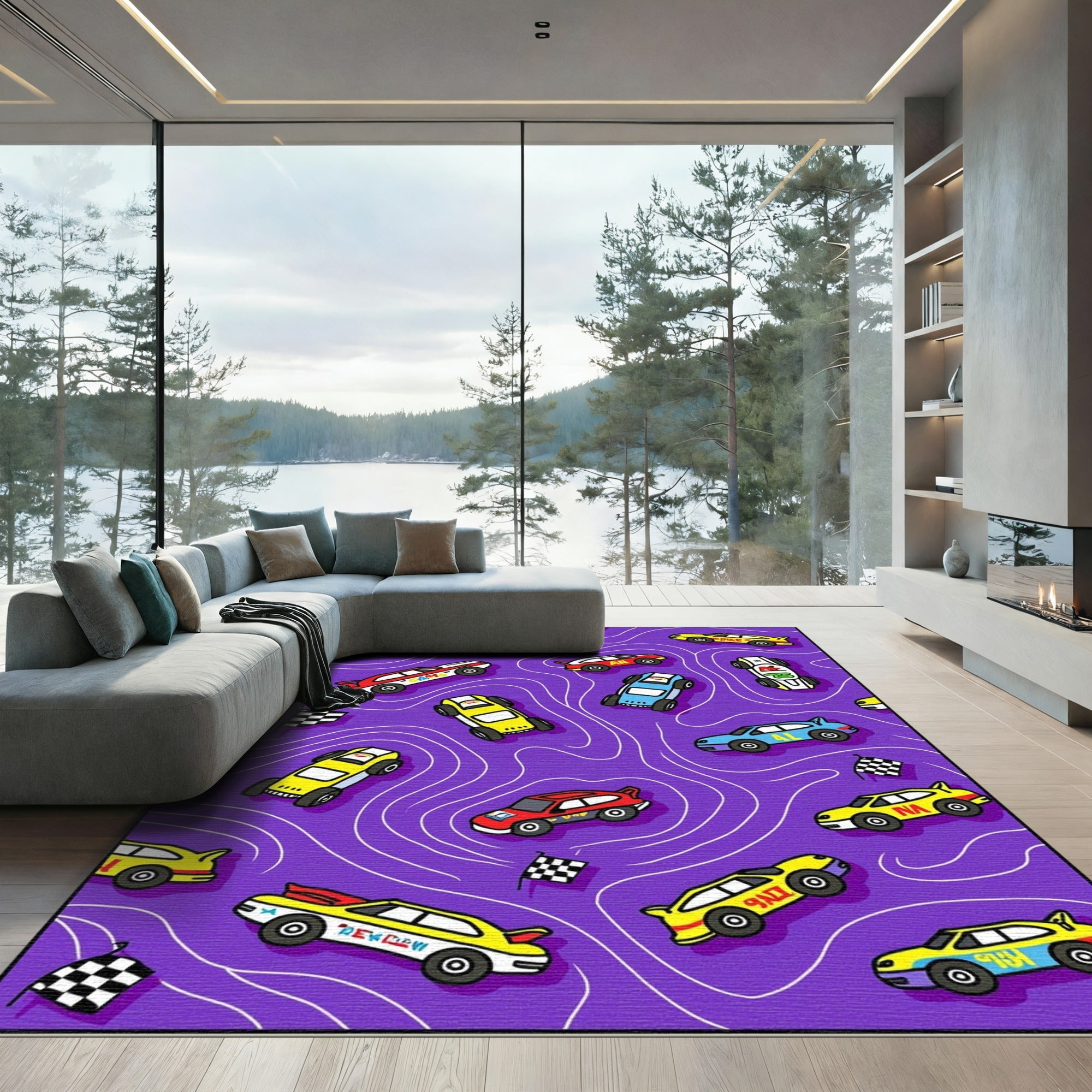 Racing Cars on Purple Wavy Background Rug