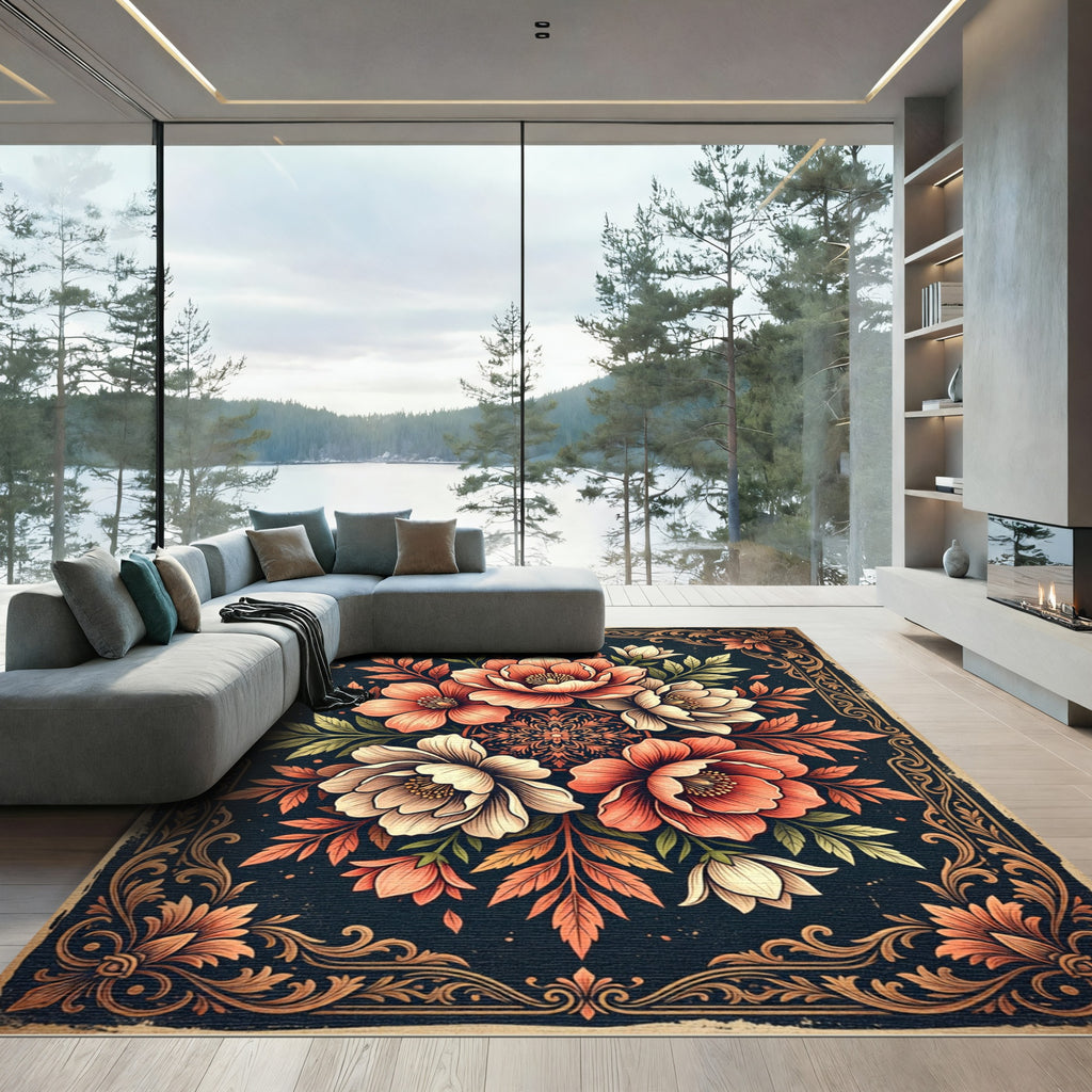 Elegant Coral Floral Medallion Bouquet Rug