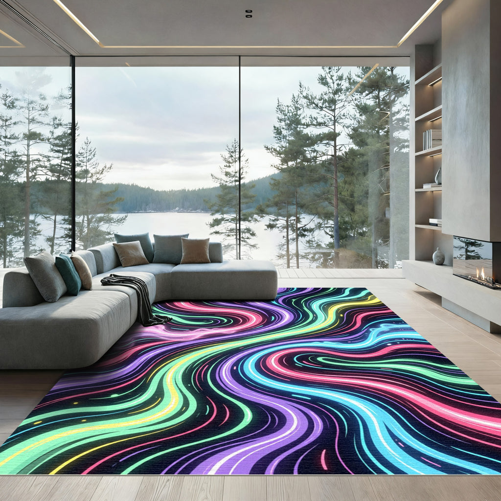 Vibrant Neon Swirl Abstract Wave Rug