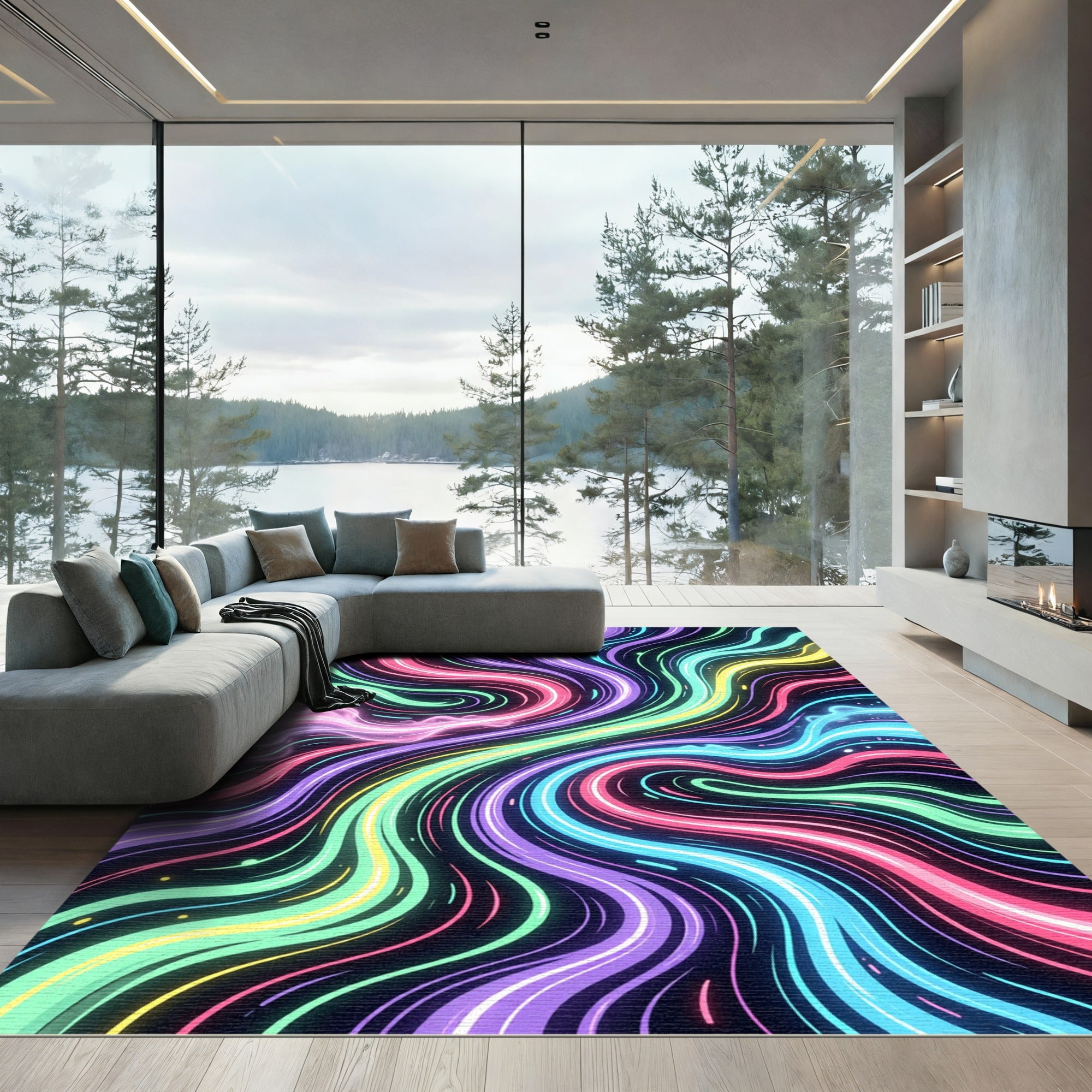 Vibrant Neon Swirl Abstract Wave Rug