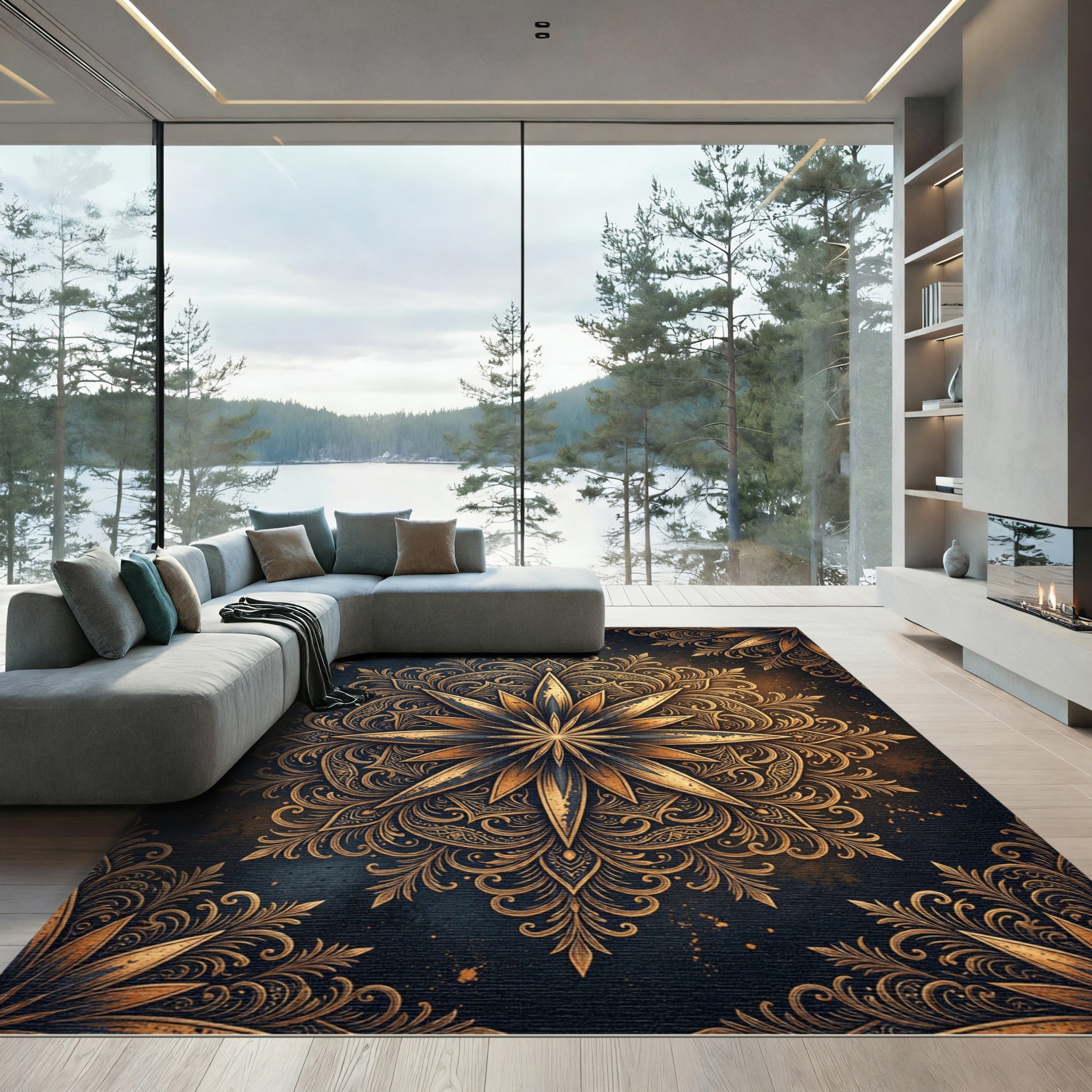 Ornate Golden Starburst Filigree Medallion Rug