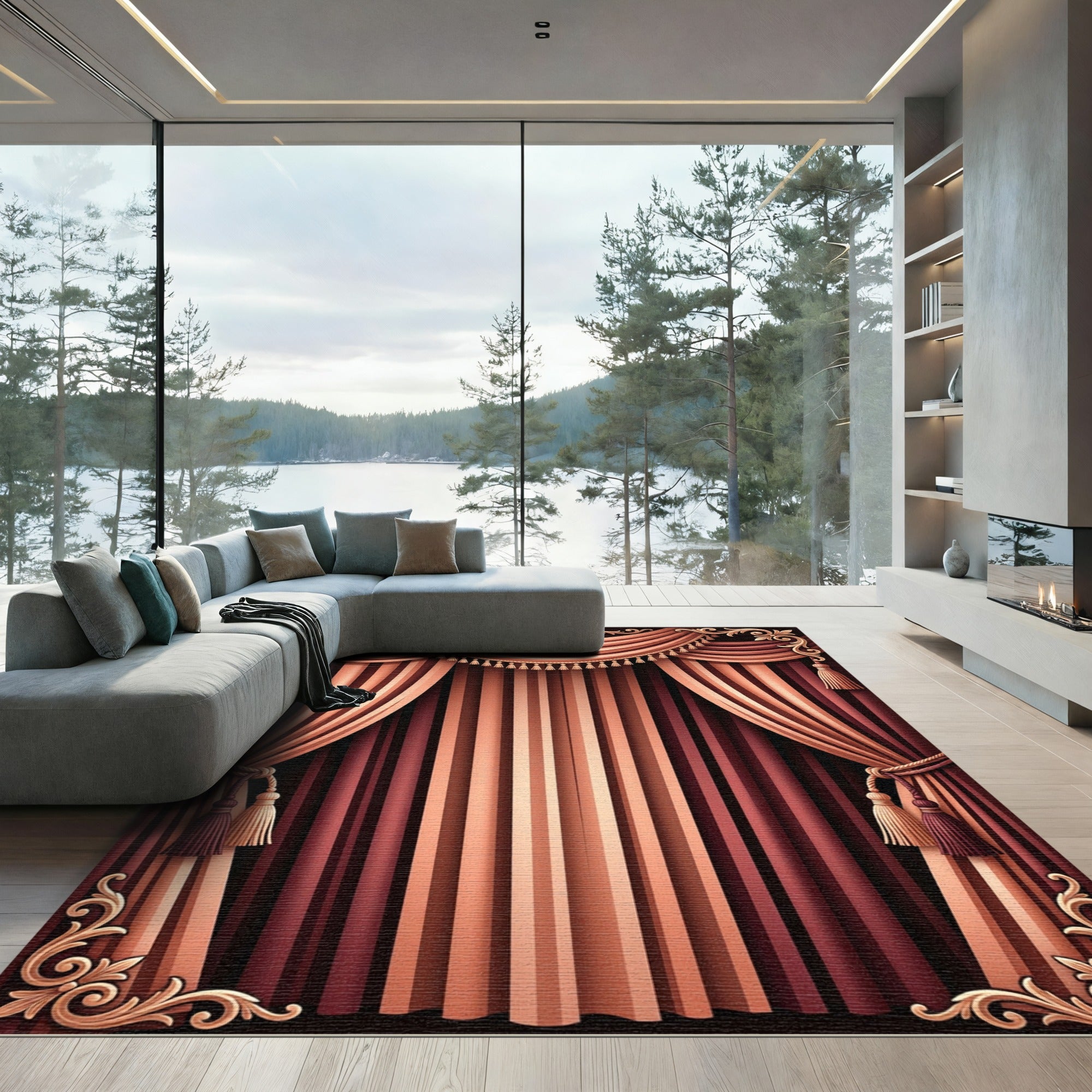 Grand Burgundy Cream Pleated Drapery Rug