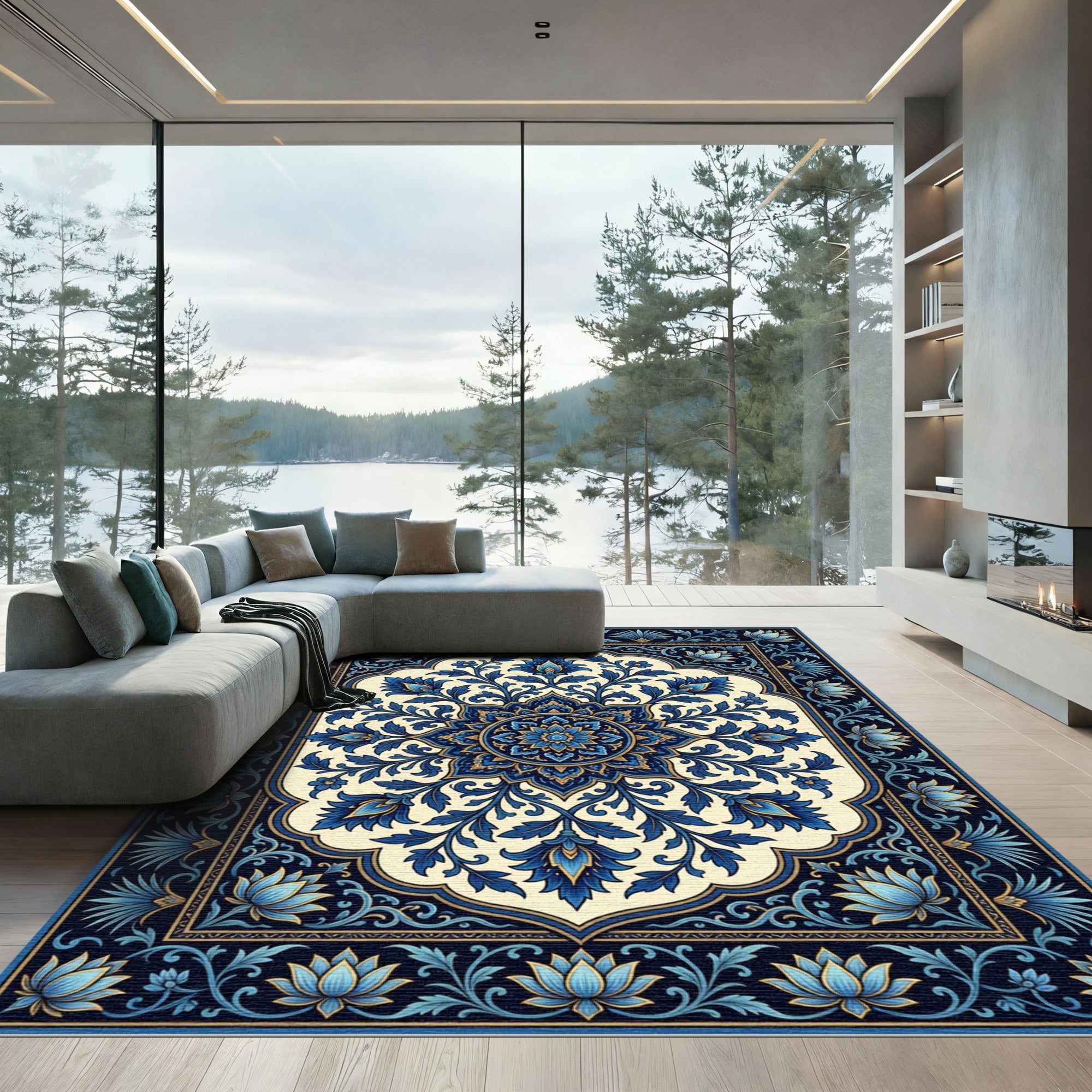 Deep Blue Royal Floral Medallion Rug