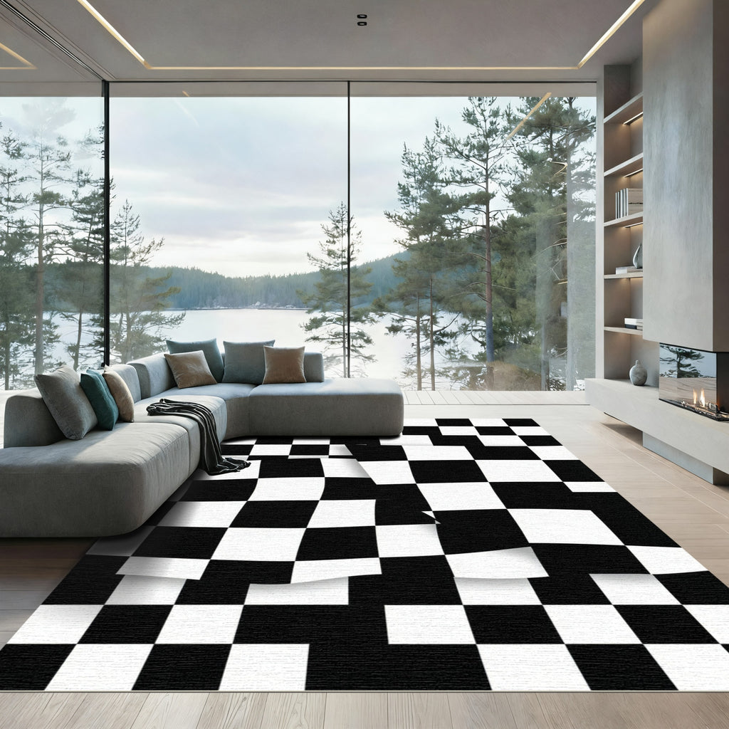 Modern Monochrome Wavy Checkered Graphic Rug
