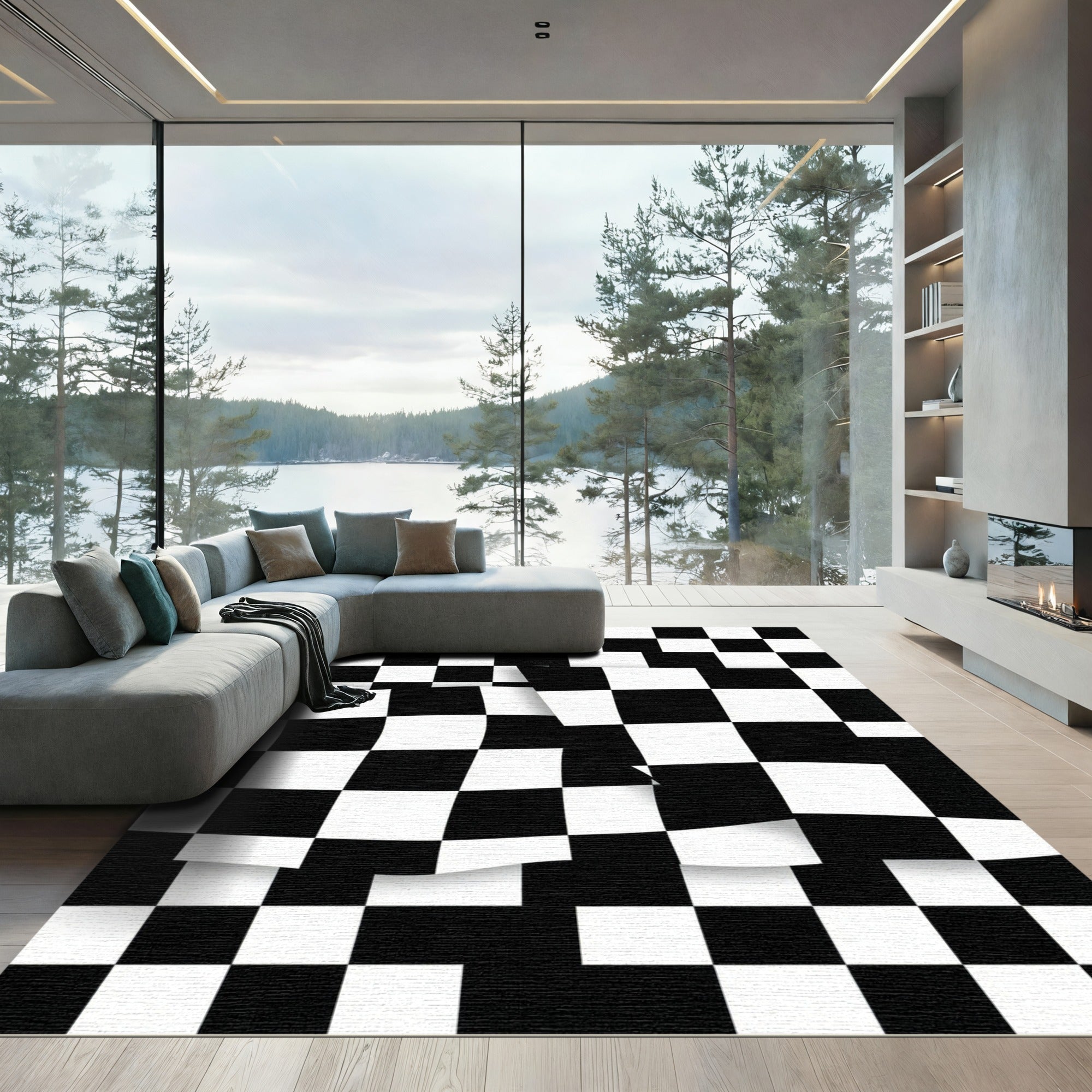 Modern Monochrome Wavy Checkered Graphic Rug