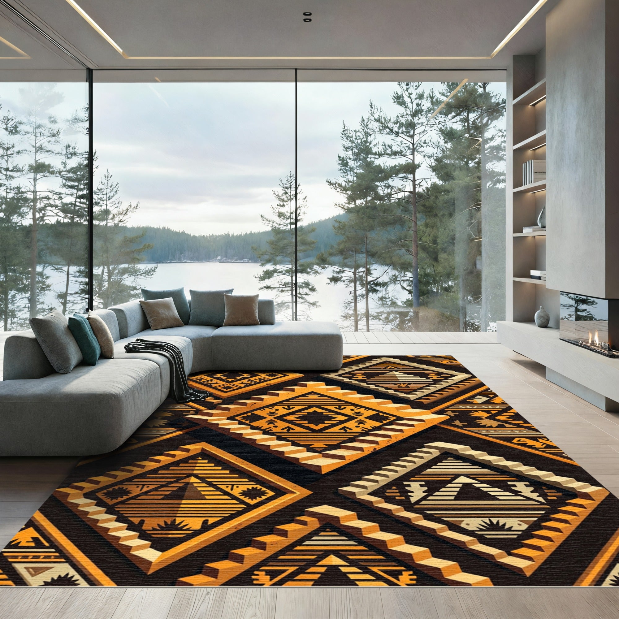 Geometric Step Pyramid Amber Ochre Tile Rug