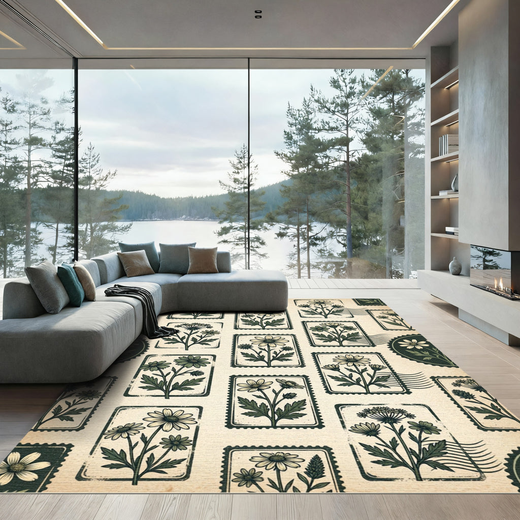 Vintage Botanical Postage Stamp Floral Field Rug