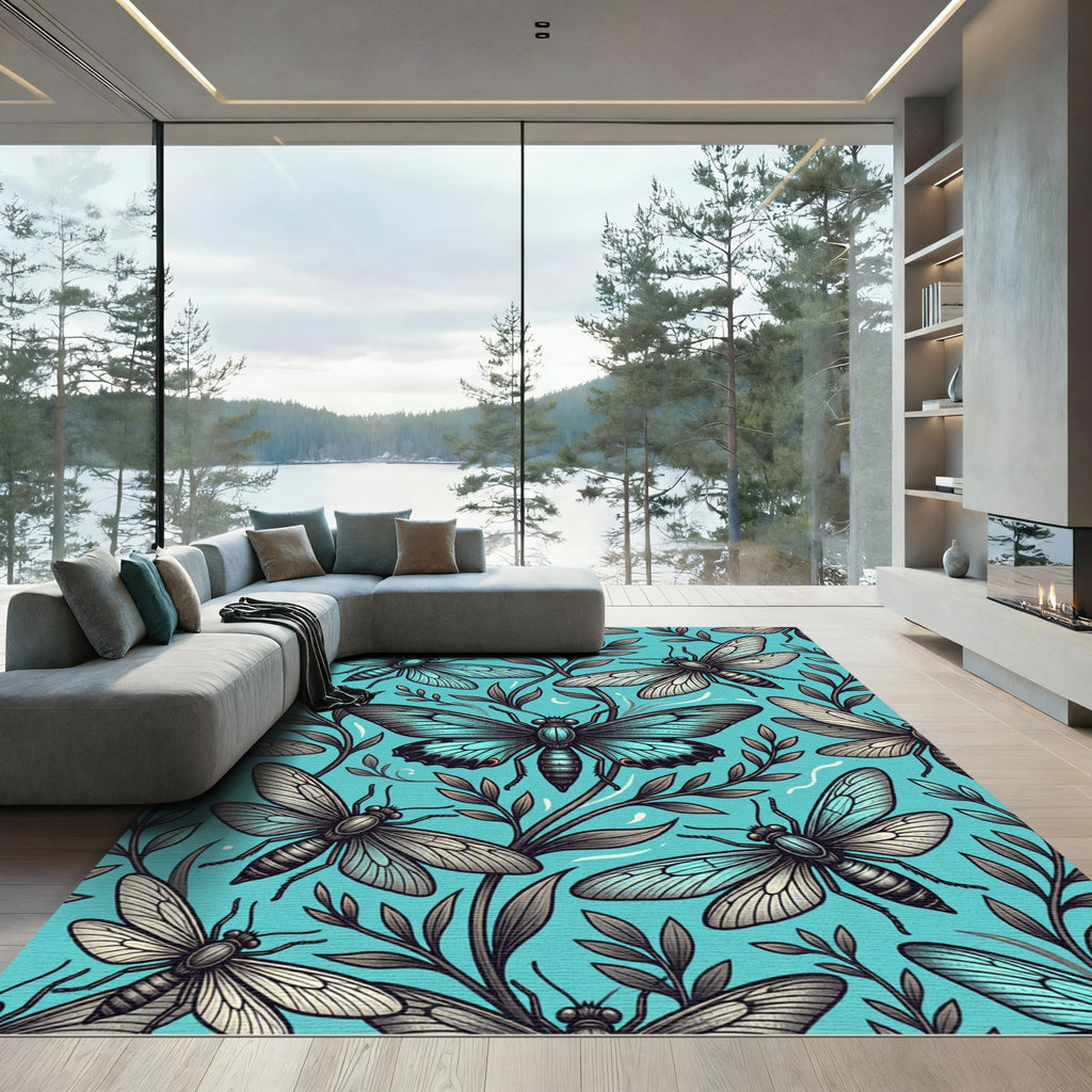 Turquoise Whimsical Winged Insect Meadow Rug