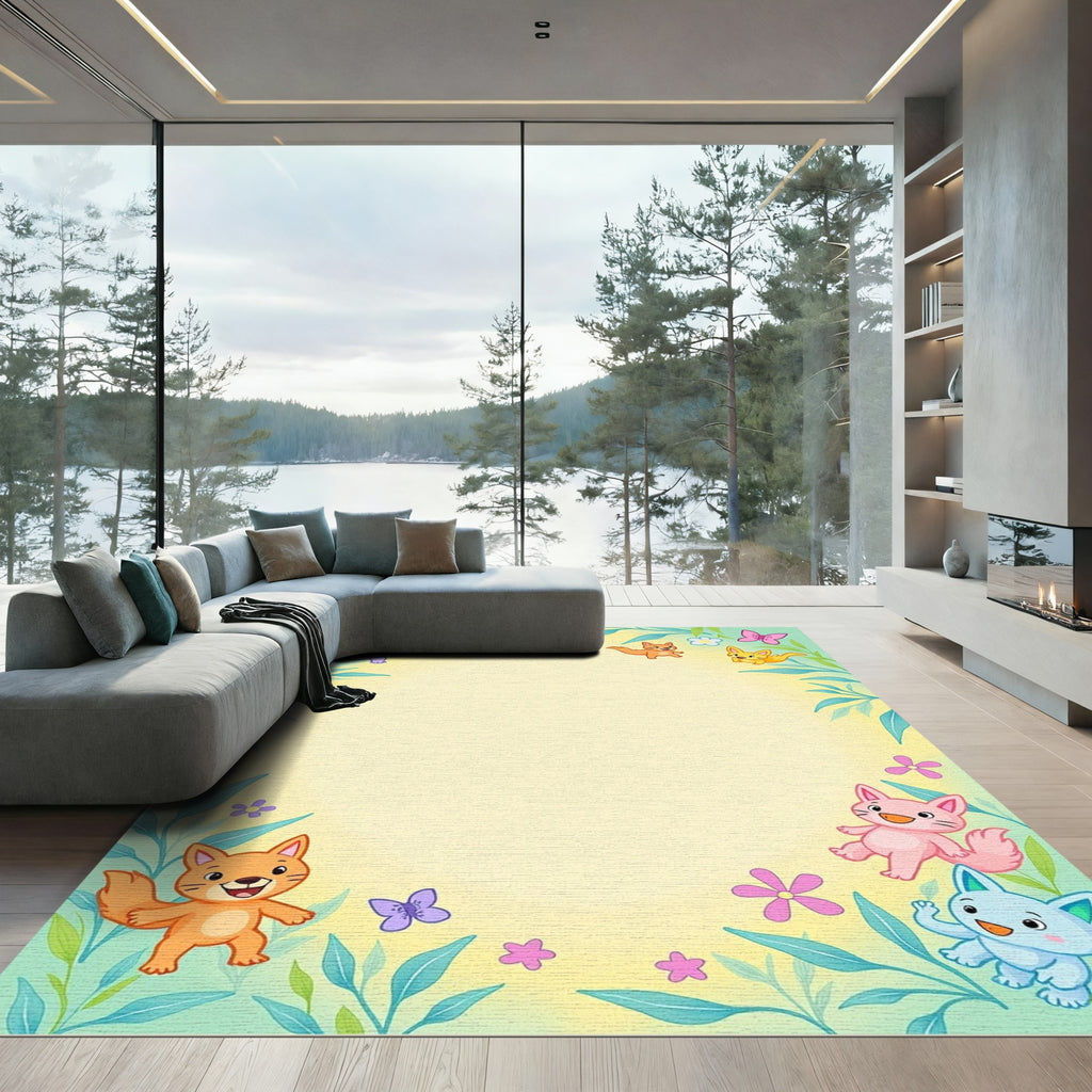Whimsical Kitty Garden Butterflies Rug