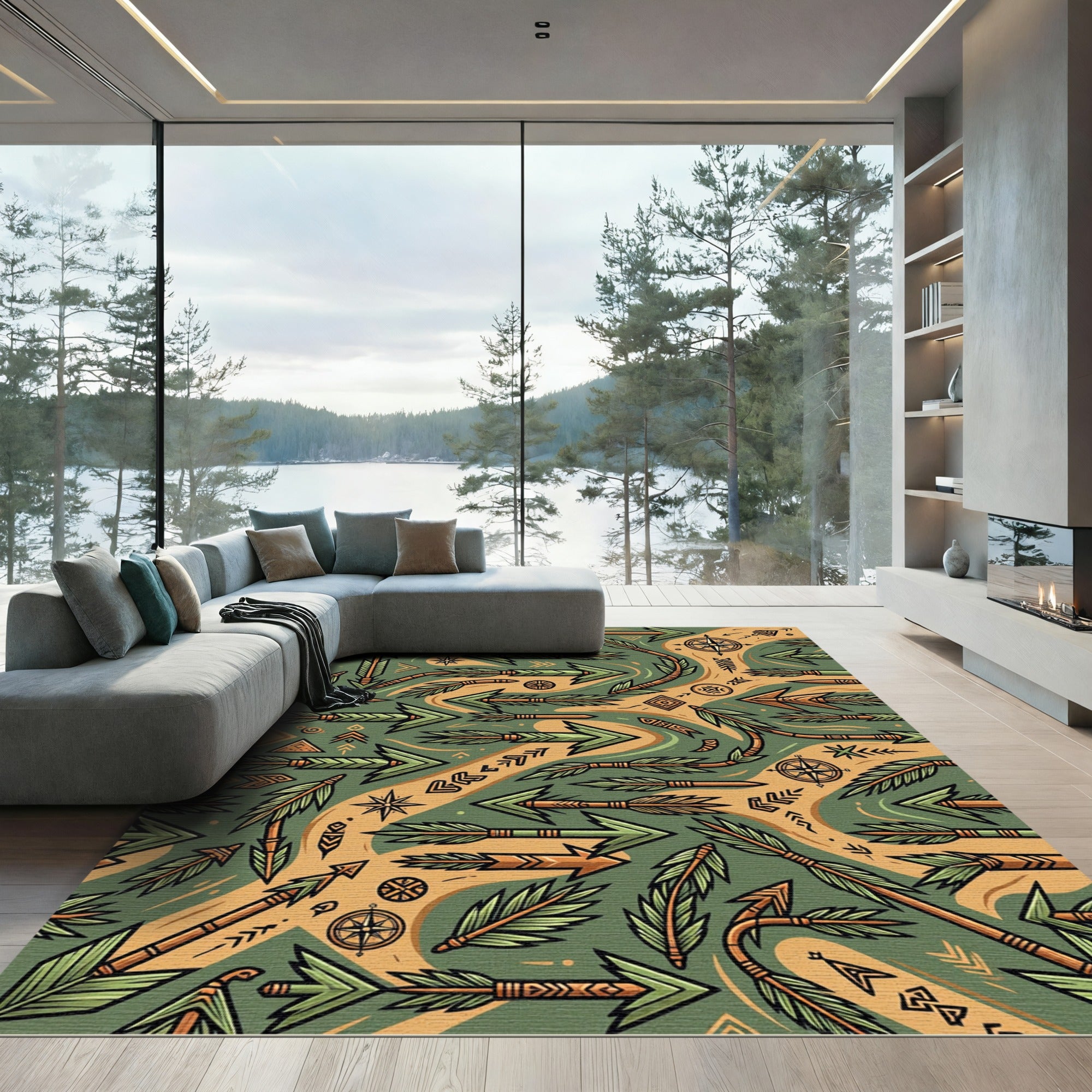 Native American Arrow Green Orange Navigational Rug