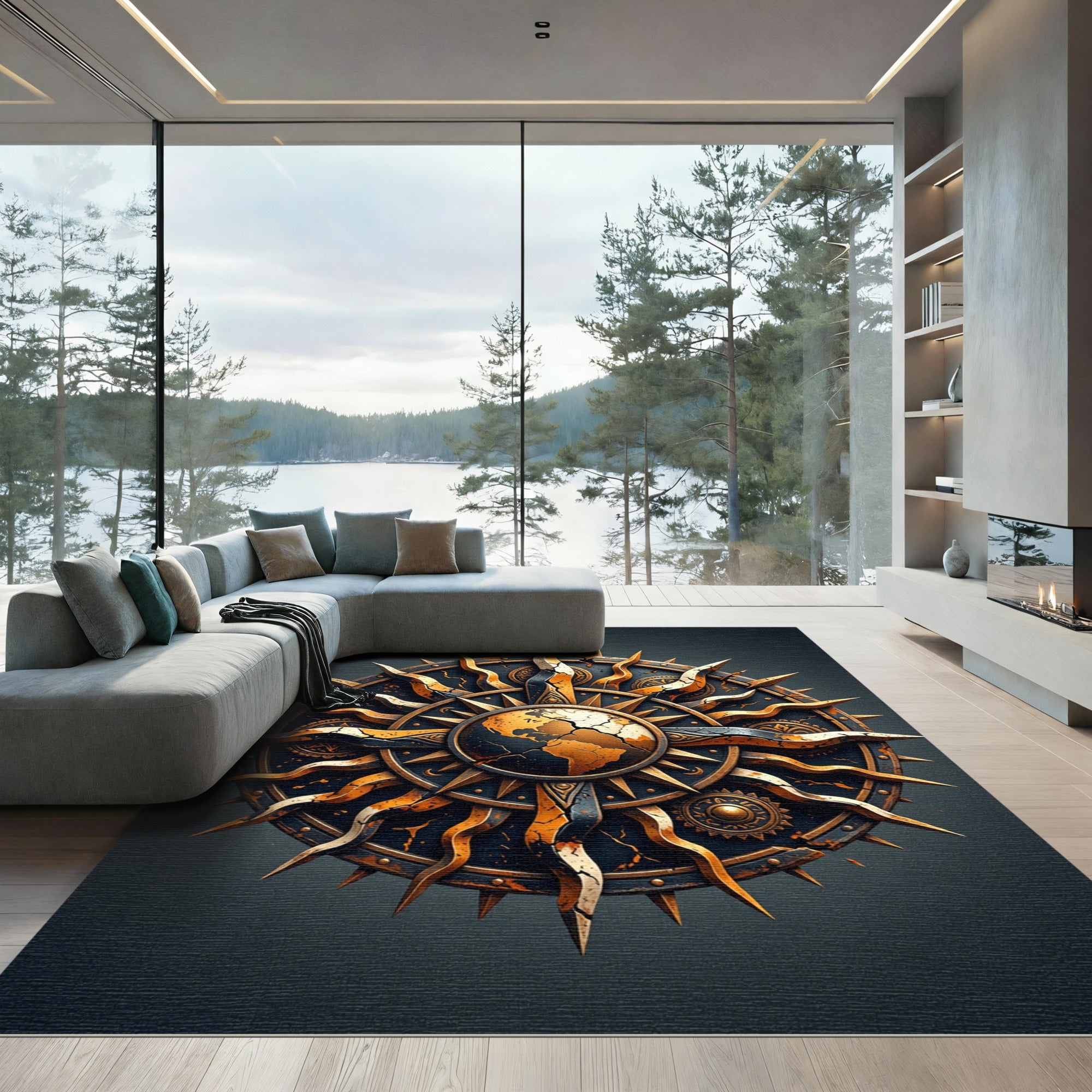 Celestial Golden Sun Earth Medallion Rug
