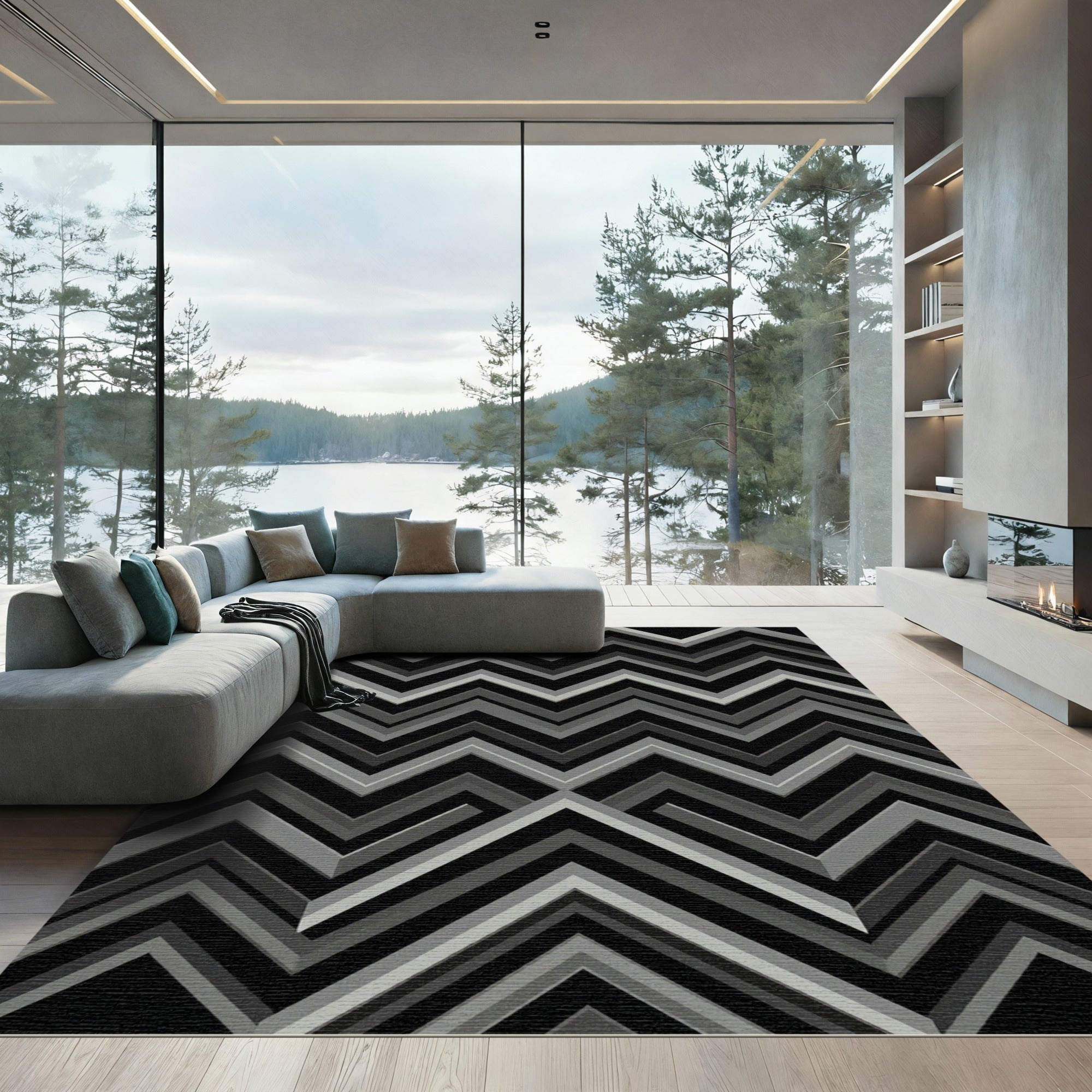 Monochromatic Geometric Zigzag Chevron Rug