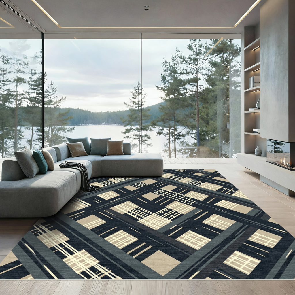 Monochromatic Abstract Line Plaid Rug
