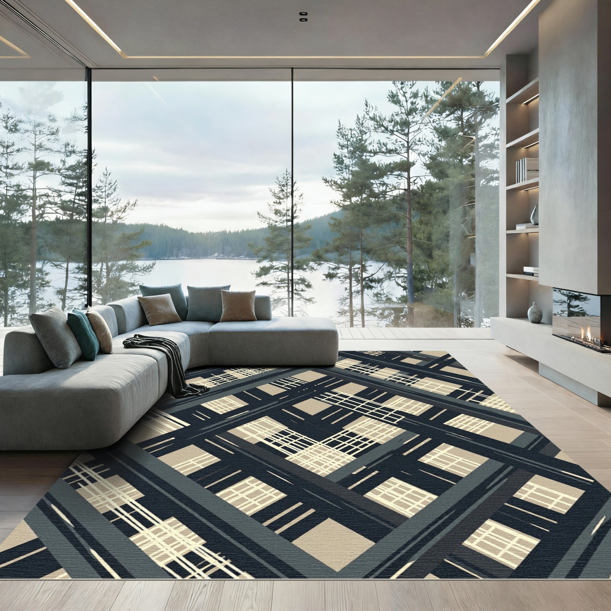 Monochromatic Abstract Line Plaid Rug