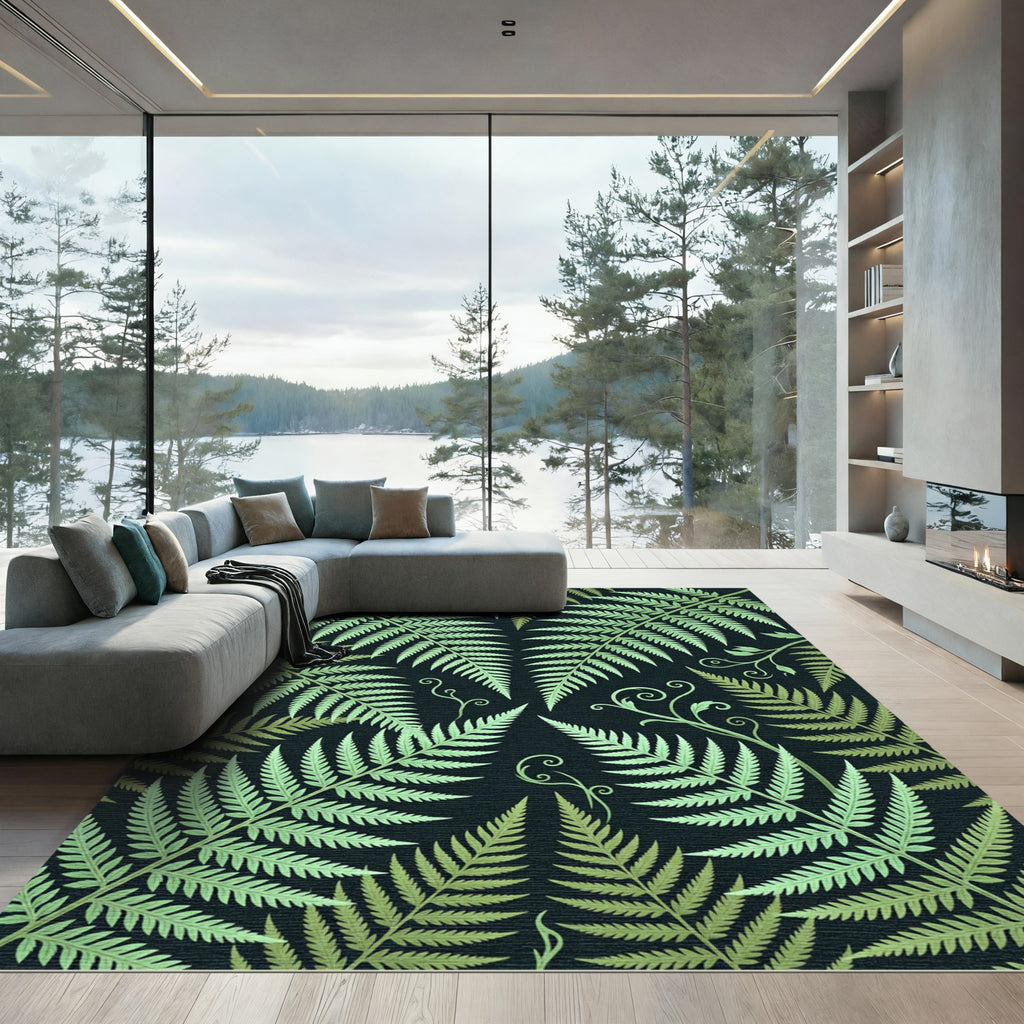 Emerald Fern Fronds Dark Botanical Rug