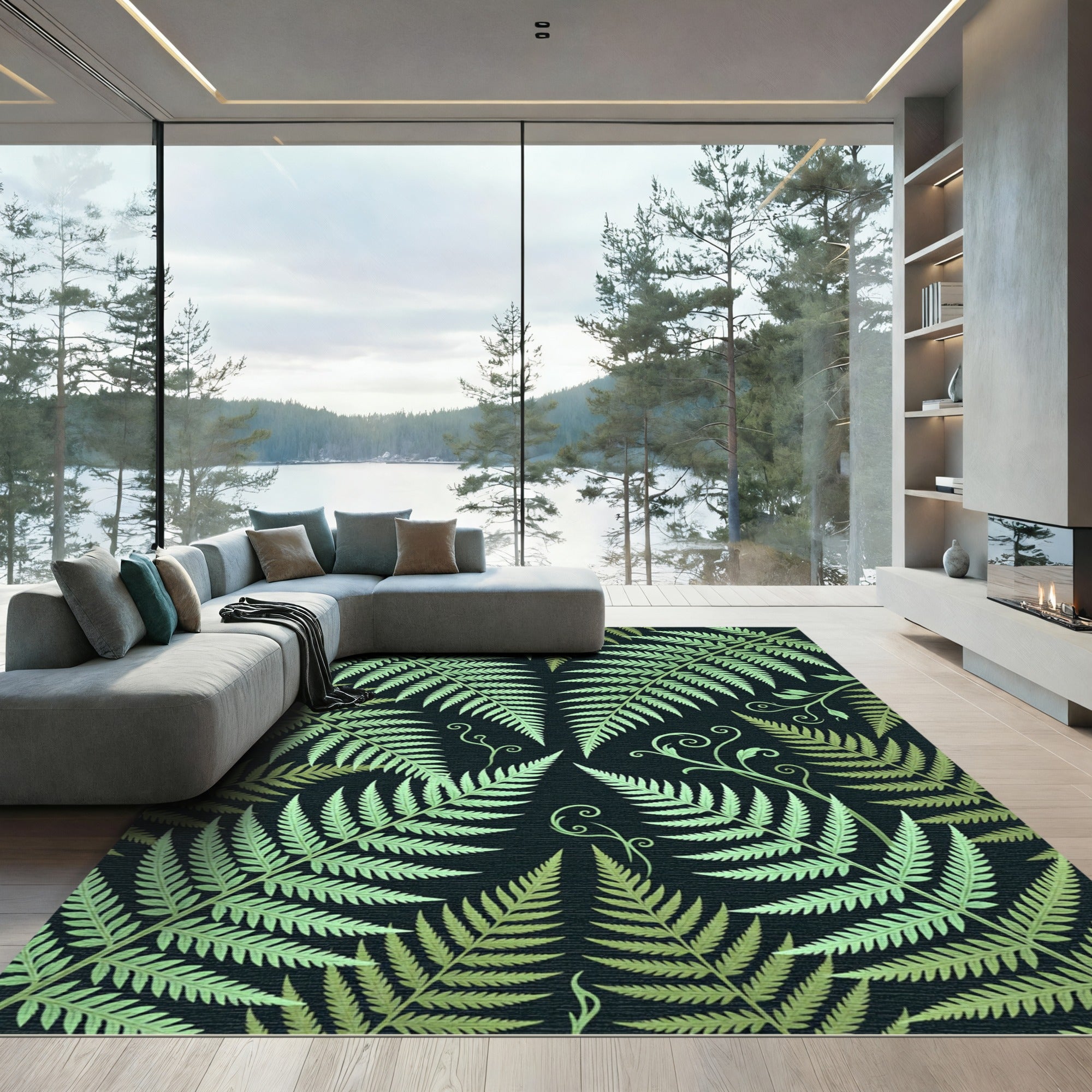 Emerald Fern Fronds Dark Botanical Rug